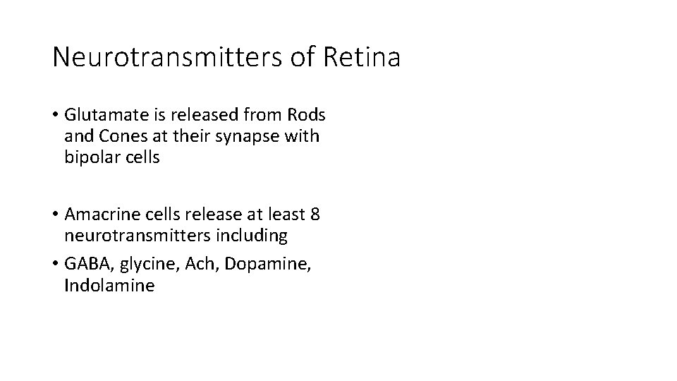 Neurotransmitters of Retina • Glutamate is released from Rods and Cones at their synapse