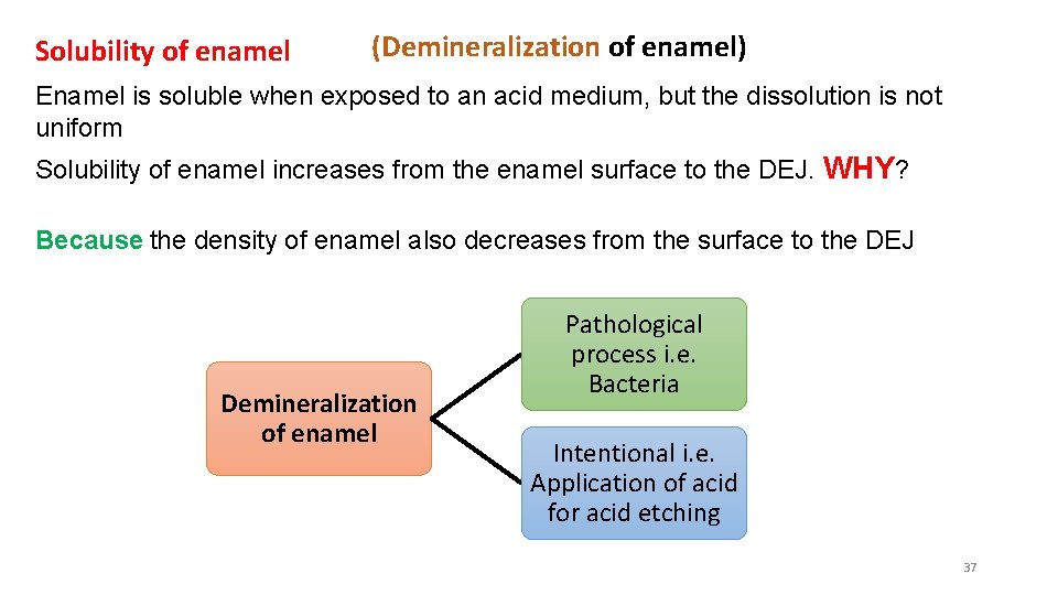 Solubility of enamel (Demineralization of enamel) Enamel is soluble when exposed to an acid