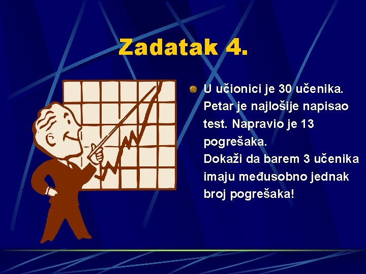 Zadatak 4. U učionici je 30 učenika. Petar je najlošije napisao test. Napravio je