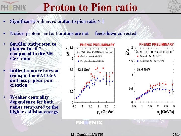 Proton to Pion ratio • Significantly enhanced proton to pion ratio > 1 •