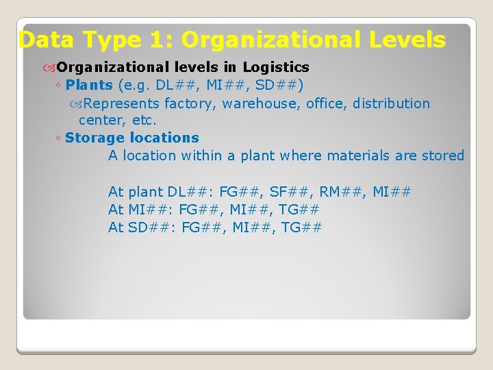 Data Type 1: Organizational Levels Organizational levels in Logistics ◦ Plants (e. g. DL##,