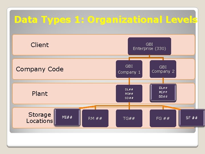 Data Types 1: Organizational Levels Client GBI Enterprise (330) GBI Company Code Company 1