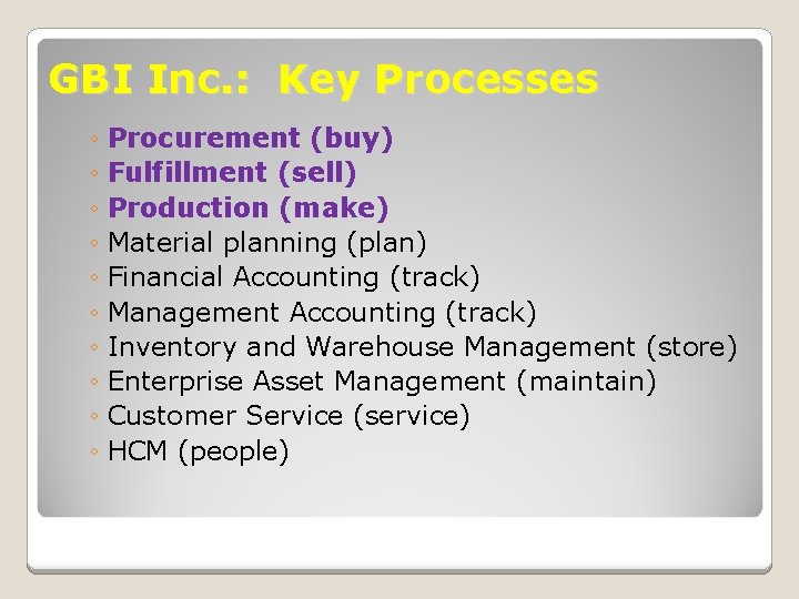 GBI Inc. : Key Processes ◦ Procurement (buy) ◦ Fulfillment (sell) ◦ Production (make)