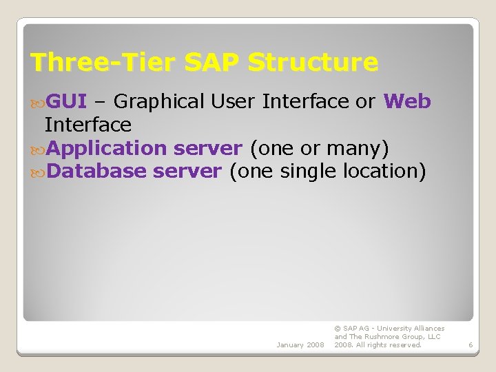 Three-Tier SAP Structure GUI – Graphical User Interface or Web Interface Application server (one