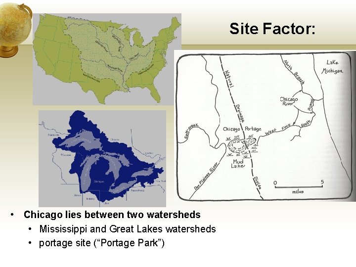 Site Factor: • Chicago lies between two watersheds • Mississippi and Great Lakes watersheds