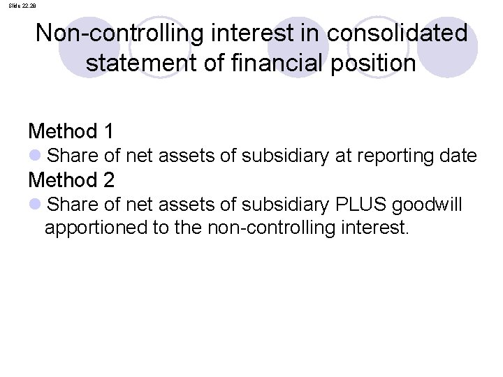 Slide 22. 28 Non-controlling interest in consolidated statement of financial position Method 1 l