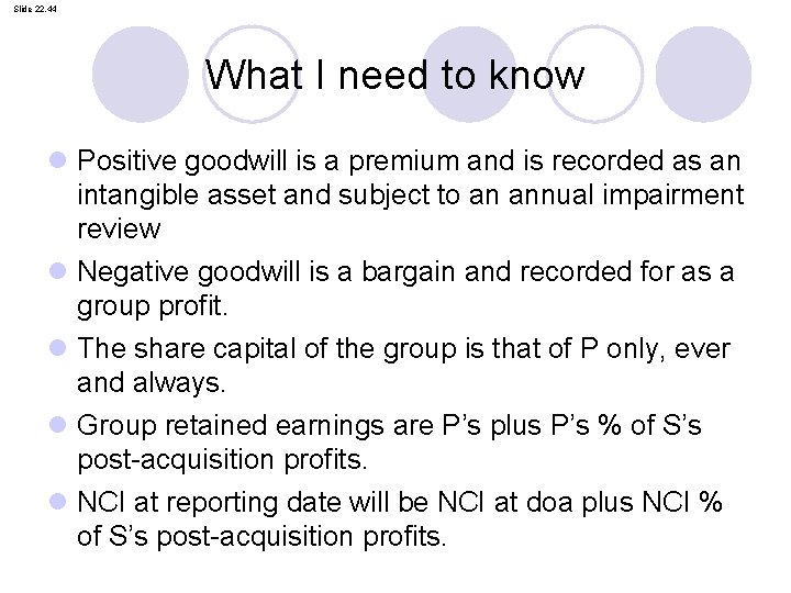 Slide 22. 44 What I need to know l Positive goodwill is a premium