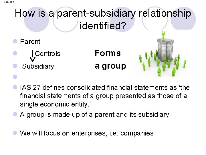 Slide 22. 7 How is a parent-subsidiary relationship identified? l Parent l Controls Forms