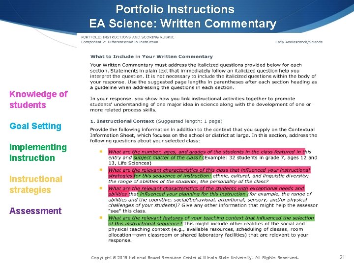 Portfolio Instructions EA Science: Written Commentary Knowledge of students Goal Setting Implementing Instructional strategies