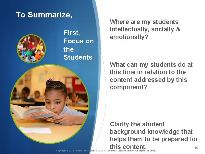 To Summarize, First, Focus on the Students Where are my students intellectually, socially &