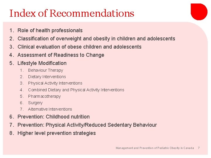 Index of Recommendations 1. Role of health professionals 2. Classification of overweight and obesity