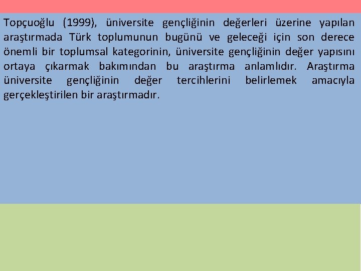Topçuoğlu (1999), üniversite gençliğinin değerleri üzerine yapılan araştırmada Türk toplumunun bugünü ve geleceği için