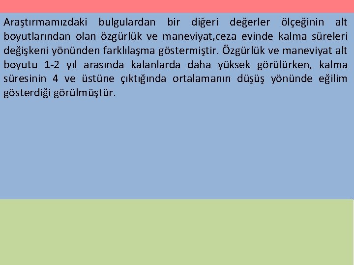 Araştırmamızdaki bulgulardan bir diğeri değerler ölçeğinin alt boyutlarından olan özgürlük ve maneviyat, ceza evinde