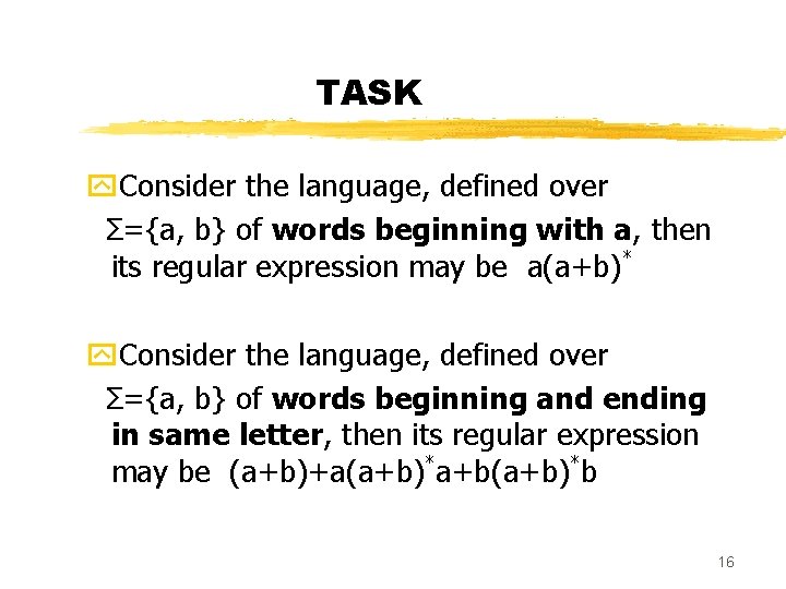 TASK y. Consider the language, defined over Σ={a, b} of words beginning with a,