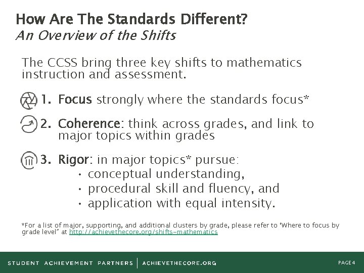 How Are The Standards Different? An Overview of the Shifts The CCSS bring three