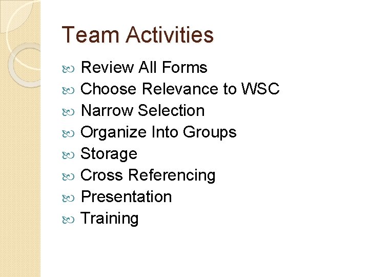 Team Activities Review All Forms Choose Relevance to WSC Narrow Selection Organize Into Groups