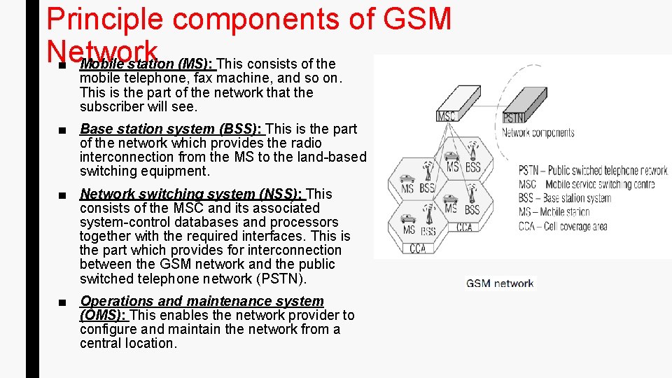 Principle components of GSM Network ■ Mobile station (MS): This consists of the mobile