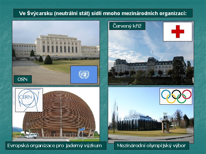 Ve Švýcarsku (neutrální stát) sídlí mnoho mezinárodních organizací: Červený kříž OSN Evropská organizace pro