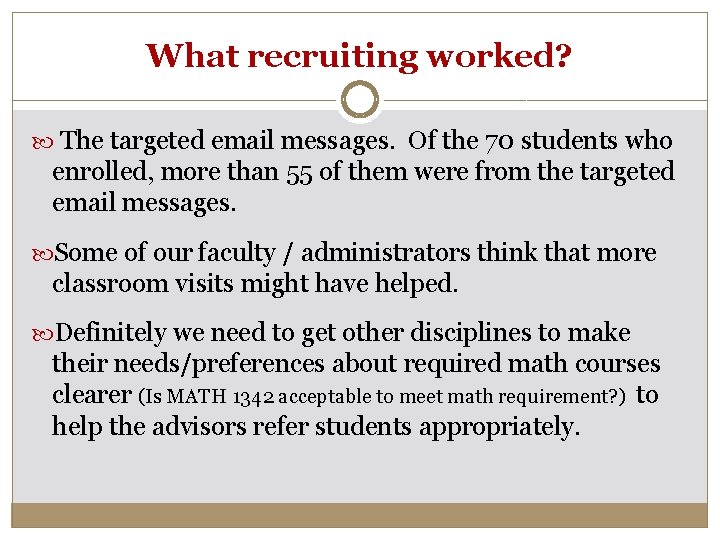 What recruiting worked? The targeted email messages. Of the 70 students who enrolled, more