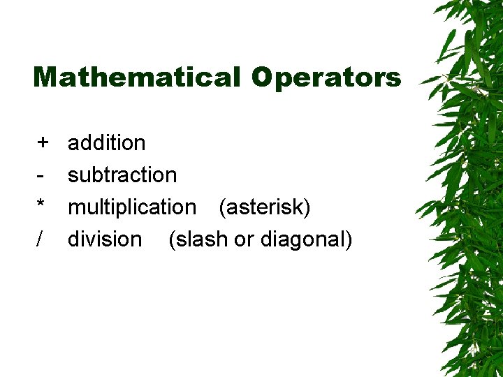 Mathematical Operators + * / addition subtraction multiplication (asterisk) division (slash or diagonal) 