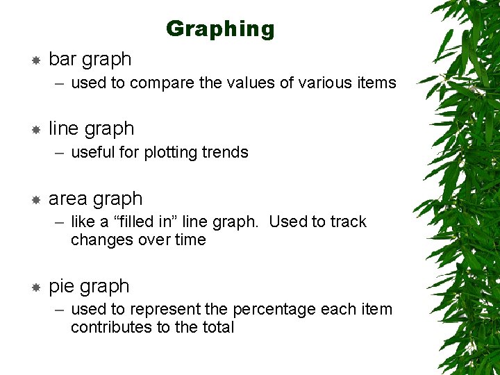 Graphing bar graph – used to compare the values of various items line graph