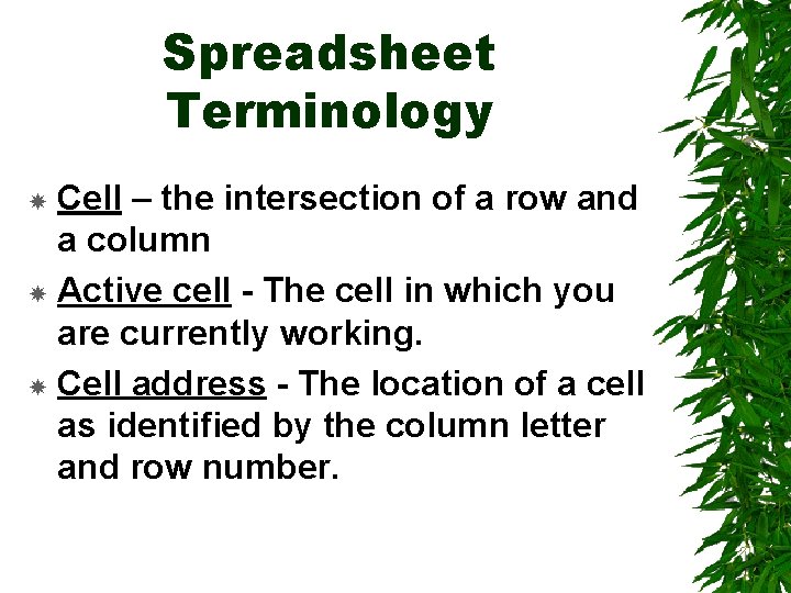 Spreadsheet Terminology Cell – the intersection of a row and a column Active cell