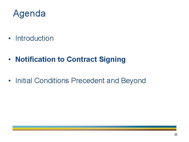 Agenda • Introduction • Notification to Contract Signing • Initial Conditions Precedent and Beyond