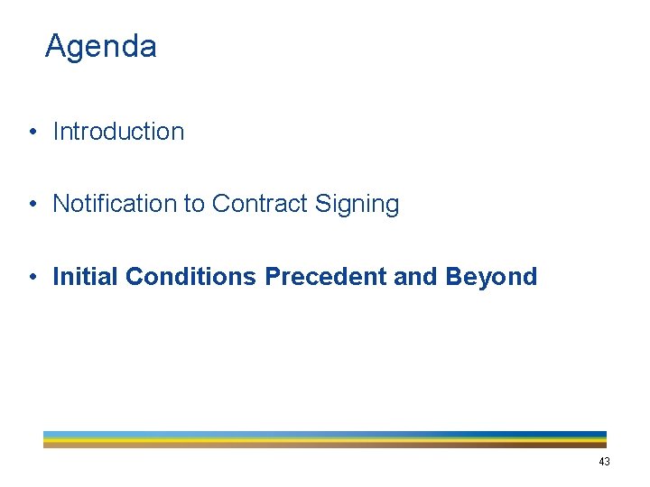 Agenda • Introduction • Notification to Contract Signing • Initial Conditions Precedent and Beyond