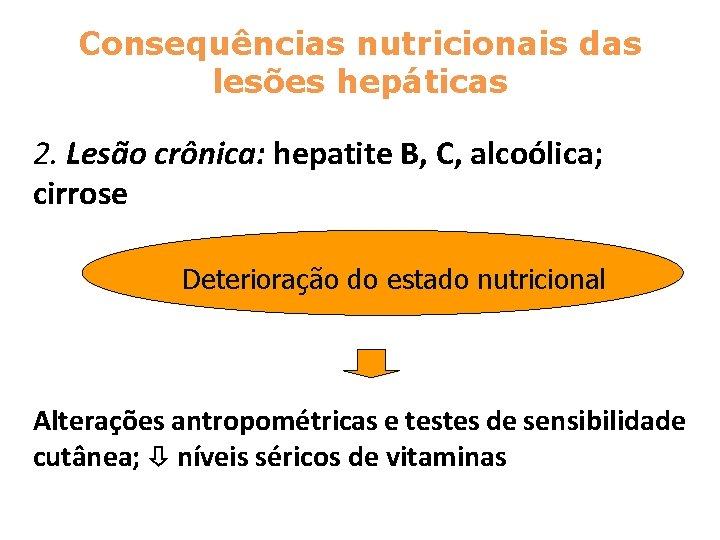 Consequências nutricionais das lesões hepáticas 2. Lesão crônica: hepatite B, C, alcoólica; cirrose Deterioração Consequências nutricionais das lesões hepáticas 2. Lesão crônica: hepatite B, C, alcoólica; cirrose Deterioração