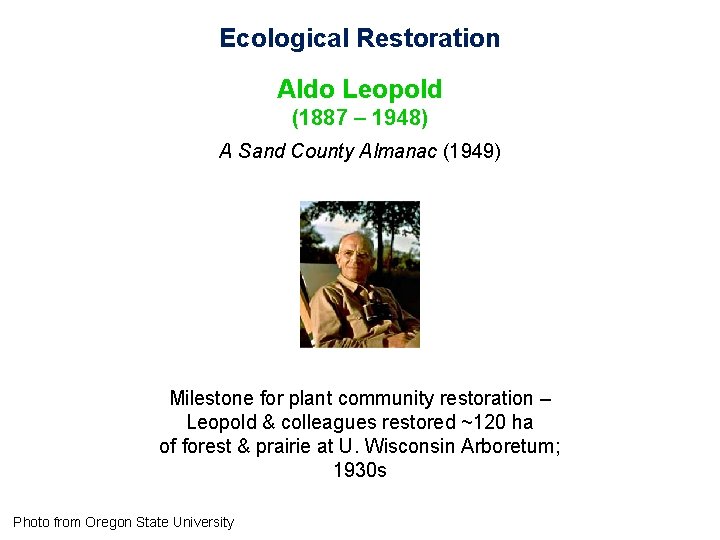 Ecological Restoration Aldo Leopold (1887 – 1948) A Sand County Almanac (1949) Milestone for