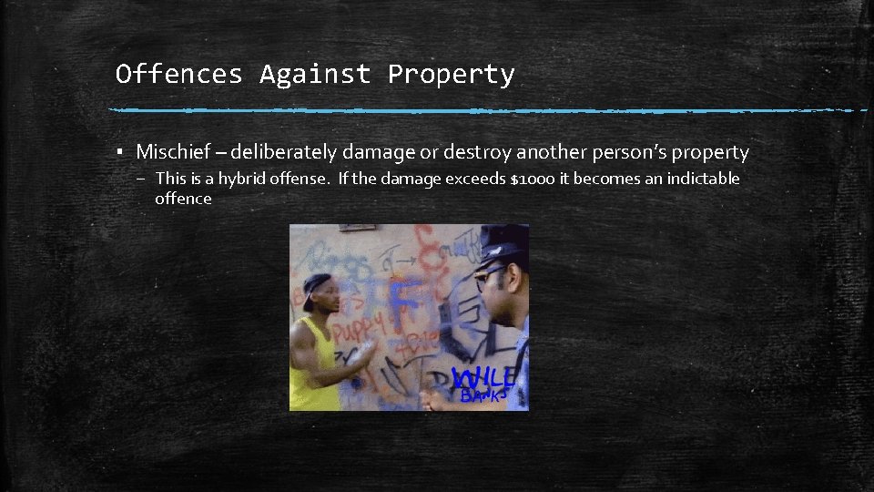 Offences Against Property ▪ Mischief – deliberately damage or destroy another person’s property –