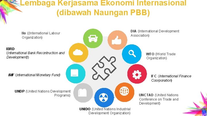 Lembaga Kerjasama Ekonomi Internasional (dibawah Naungan PBB) DIA (International Development Association) Ilo ((International Labour