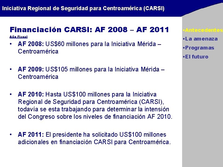 Iniciativa Regional de Seguridad para Centroamérica (CARSI) Financiación CARSI: AF 2008 – AF 2011
