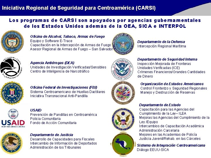 Iniciativa Regional de Seguridad para Centroamérica (CARSI) Los programas de CARSI son apoyados por