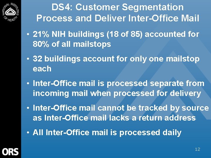 DS 4: Customer Segmentation Process and Deliver Inter-Office Mail • 21% NIH buildings (18