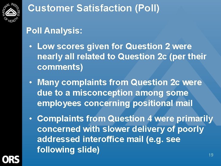 Customer Satisfaction (Poll) Poll Analysis: • Low scores given for Question 2 were nearly