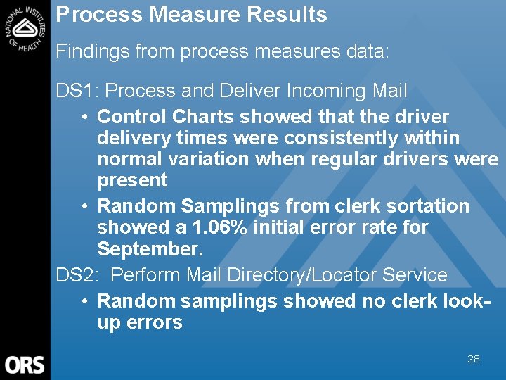 Process Measure Results Findings from process measures data: DS 1: Process and Deliver Incoming
