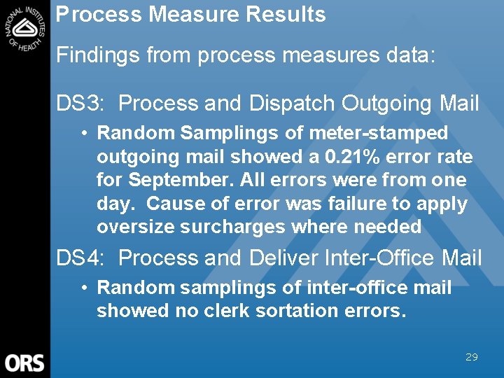 Process Measure Results Findings from process measures data: DS 3: Process and Dispatch Outgoing