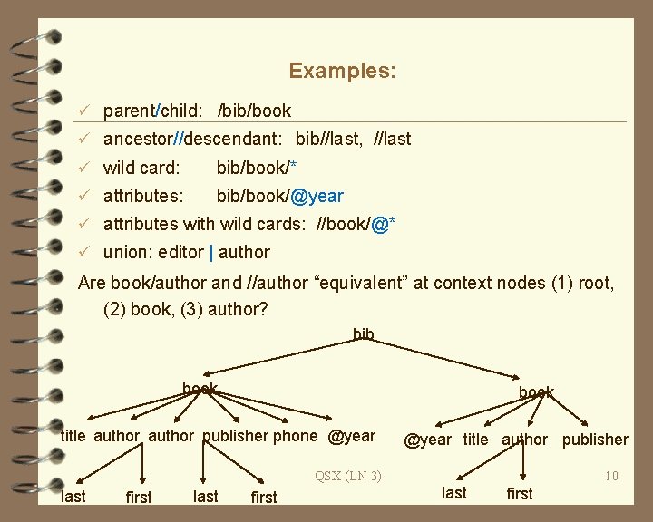 Examples: ü parent/child: /bib/book ü ancestor//descendant: bib//last, //last ü wild card: bib/book/* ü attributes: