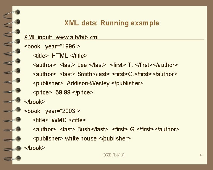 XML data: Running example XML input: www. a. b/bib. xml <book year=“ 1996”> <title>