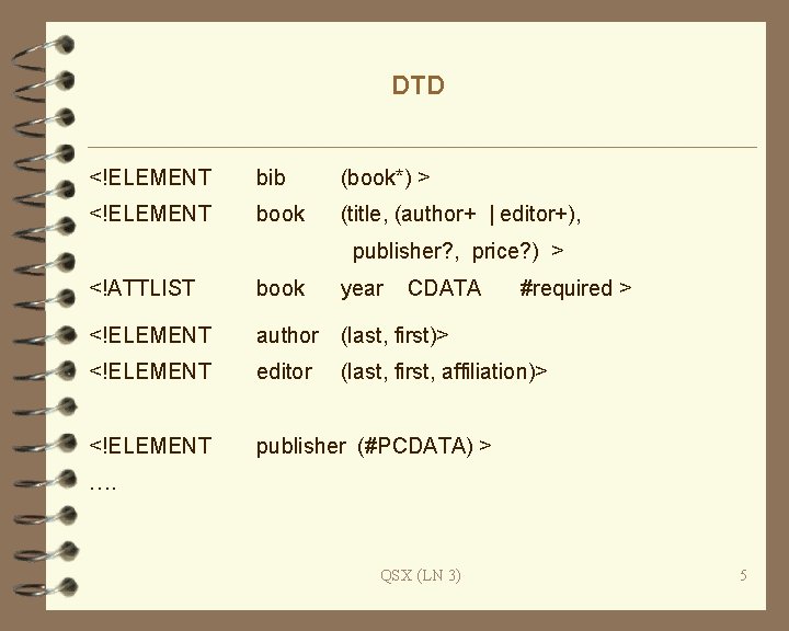 DTD <!ELEMENT bib (book*) > <!ELEMENT book (title, (author+ | editor+), publisher? , price?