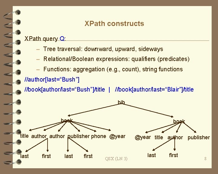 XPath constructs XPath query Q: – Tree traversal: downward, upward, sideways – Relational/Boolean expressions: