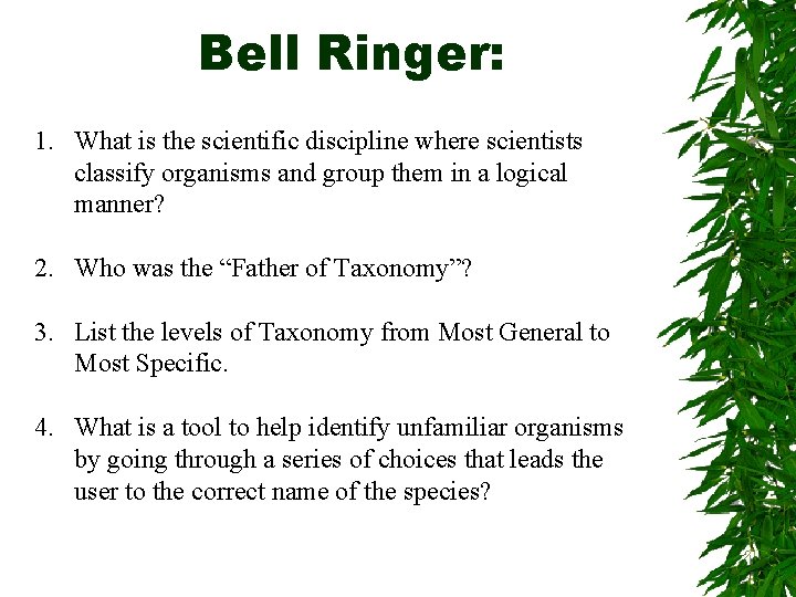 Bell Ringer: 1. What is the scientific discipline where scientists classify organisms and group