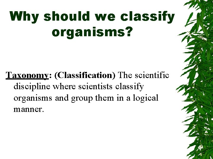 Why should we classify organisms? Taxonomy: (Classification) The scientific discipline where scientists classify organisms