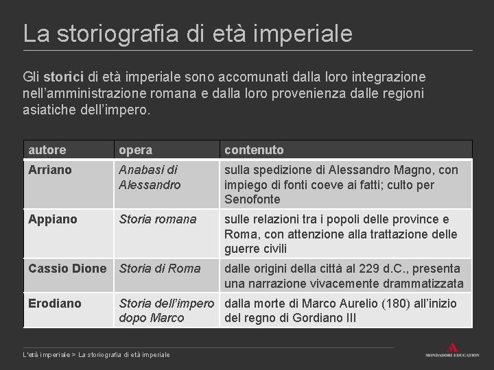 La storiografia di età imperiale Gli storici di età imperiale sono accomunati dalla loro