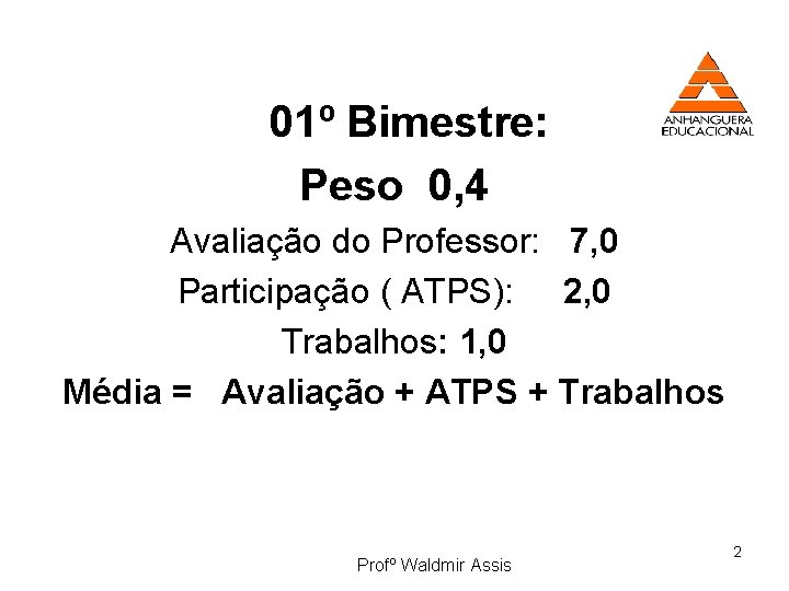 01º Bimestre: Peso 0, 4 Avaliação do Professor: 7, 0 Participação ( ATPS): 2,