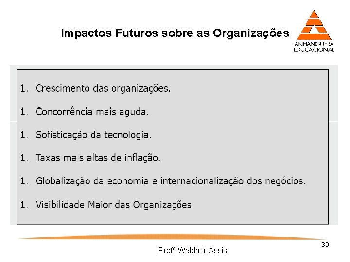 Impactos Futuros sobre as Organizações Profº Waldmir Assis 30 