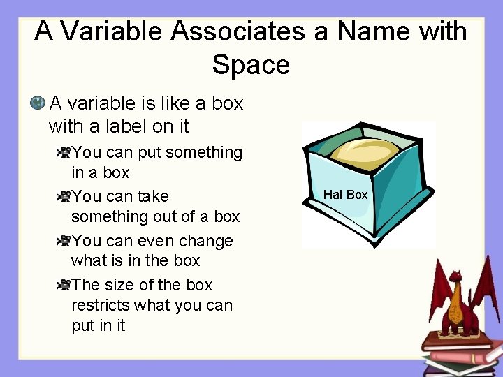 A Variable Associates a Name with Space A variable is like a box with