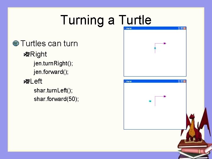 Turning a Turtles can turn Right jen. turn. Right(); jen. forward(); Left shar. turn.