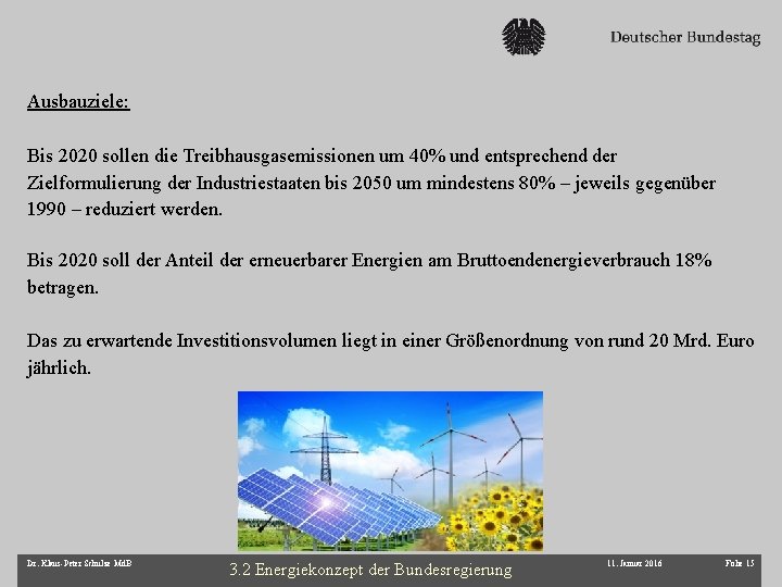 Ausbauziele: Bis 2020 sollen die Treibhausgasemissionen um 40% und entsprechend der Zielformulierung der Industriestaaten